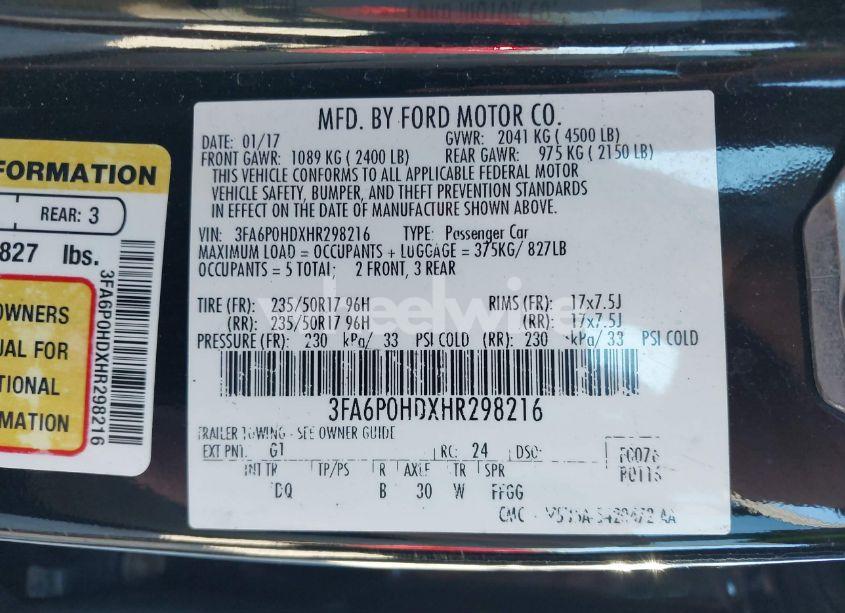 Photo 9 of 2017 Ford Fusion SE (VIN 3FA6P0HDXHR298216)