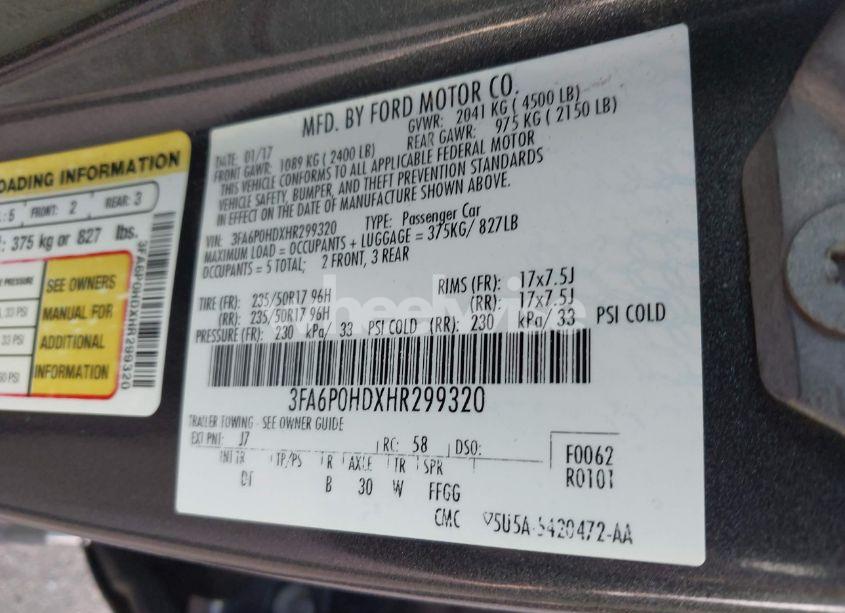 Photo 9 of 2017 Ford Fusion SE (VIN 3FA6P0HDXHR299320)