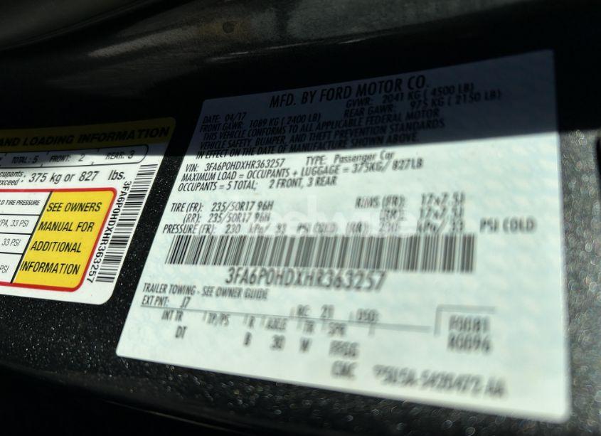 Photo 9 of 2017 Ford Fusion (VIN 3FA6P0HDXHR363257)