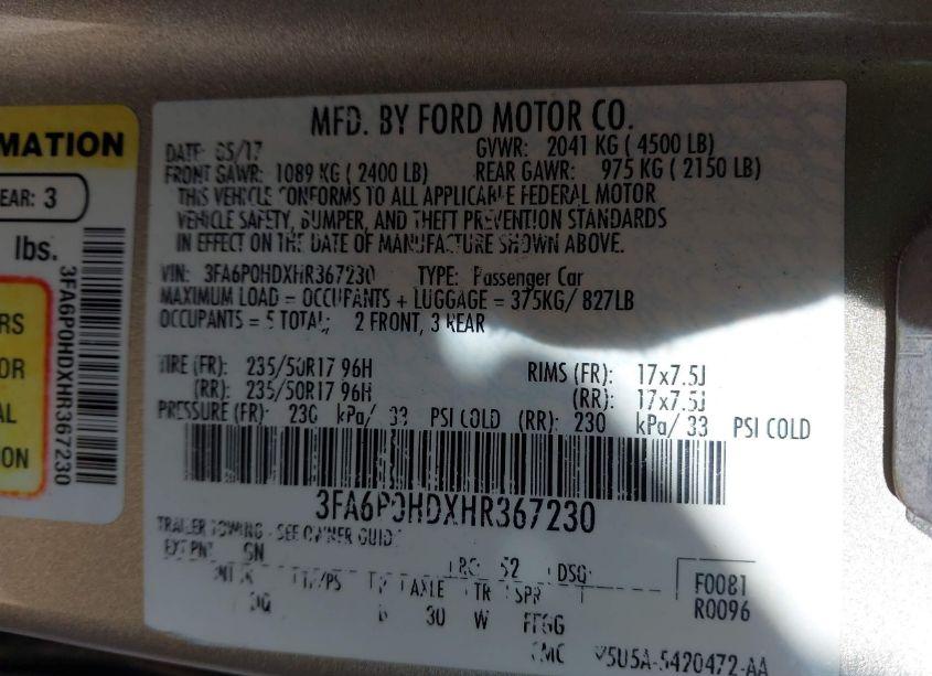 Photo 9 of 2017 Ford Fusion SE (VIN 3FA6P0HDXHR367230)