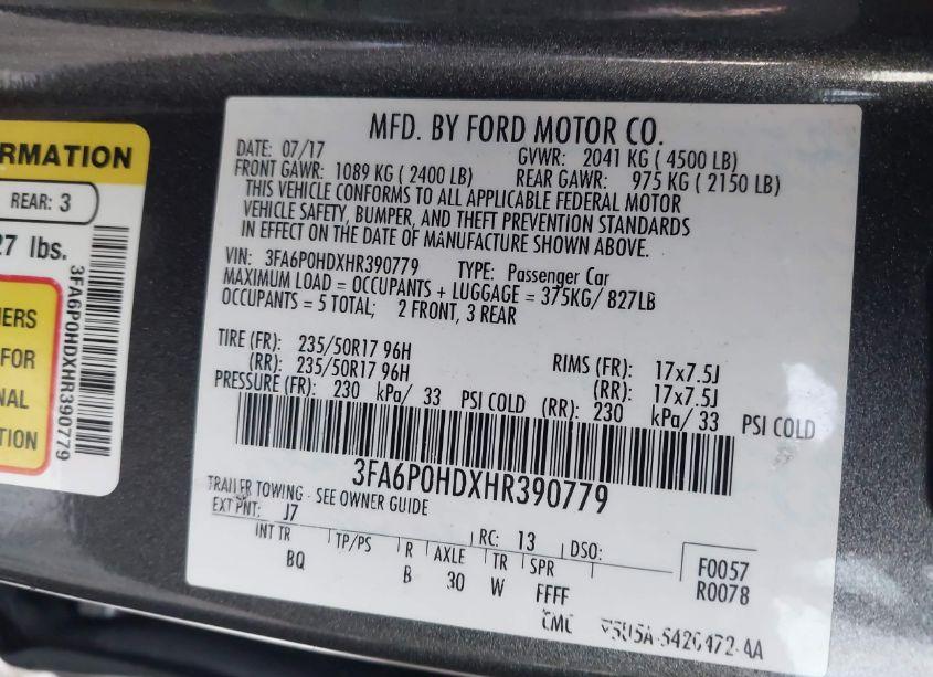 Photo 9 of 2017 Ford Fusion SE (VIN 3FA6P0HDXHR390779)