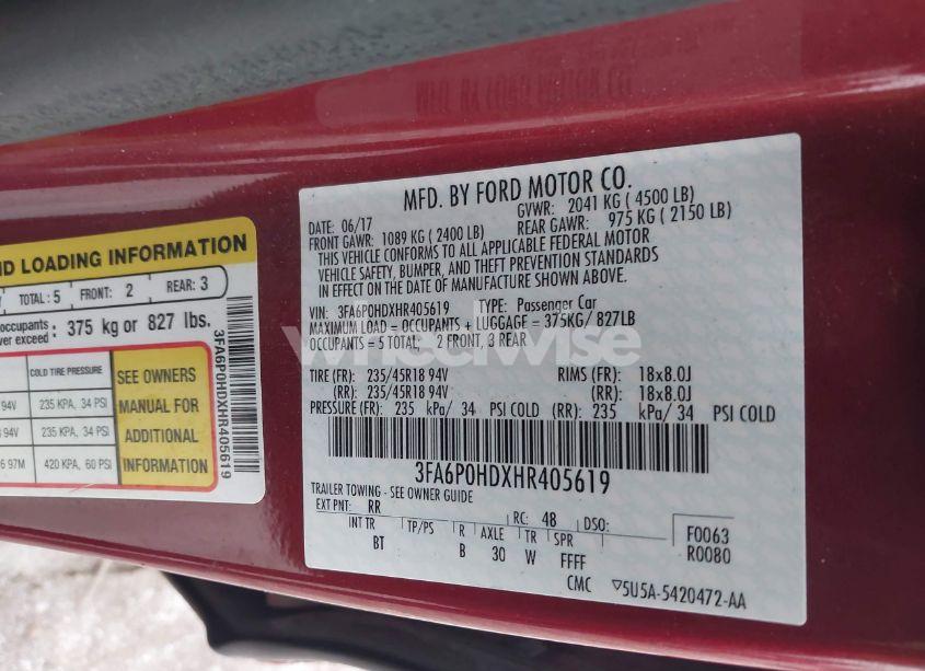 Photo 9 of 2017 Ford Fusion SE (VIN 3FA6P0HDXHR405619)