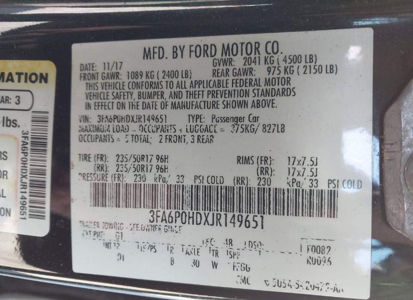 Photo 9 of 2018 Ford Fusion SE (VIN 3FA6P0HDXJR149651)