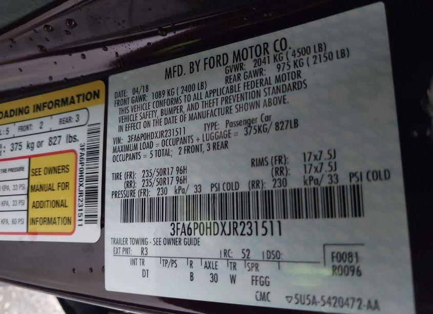 Photo 9 of 2018 Ford Fusion SE (VIN 3FA6P0HDXJR231511)