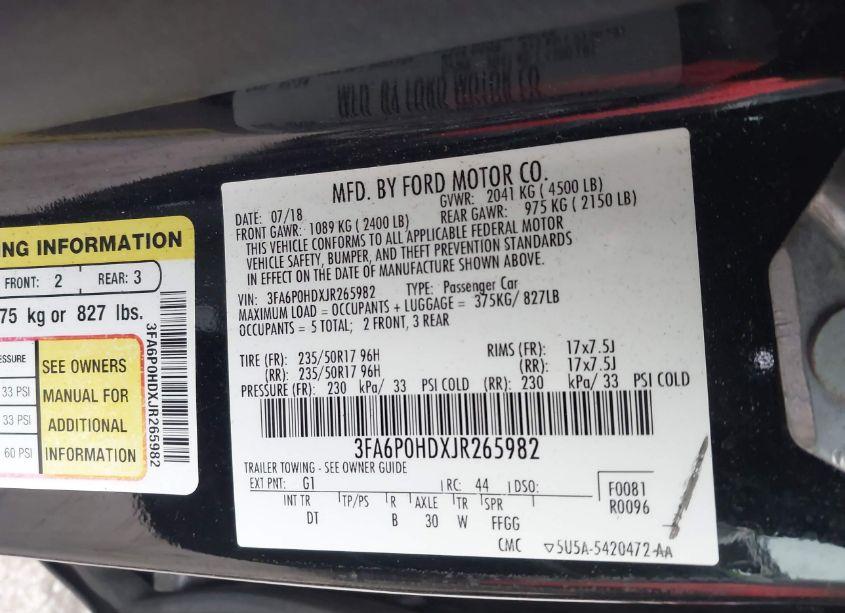 Photo 9 of 2018 Ford Fusion SE (VIN 3FA6P0HDXJR265982)