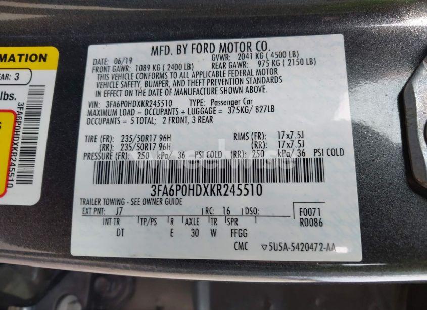 Photo 9 of 2019 Ford Fusion SE (VIN 3FA6P0HDXKR245510)