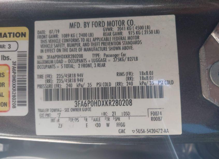 Photo 9 of 2019 Ford Fusion SE (VIN 3FA6P0HDXKR280208)