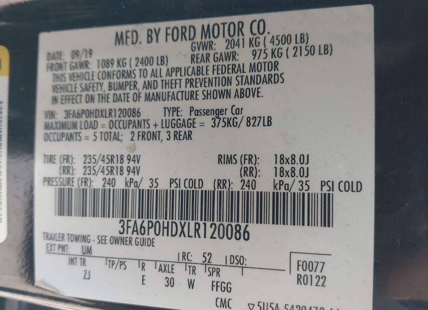 Photo 9 of 2020 Ford Fusion SE (VIN 3FA6P0HDXLR120086)