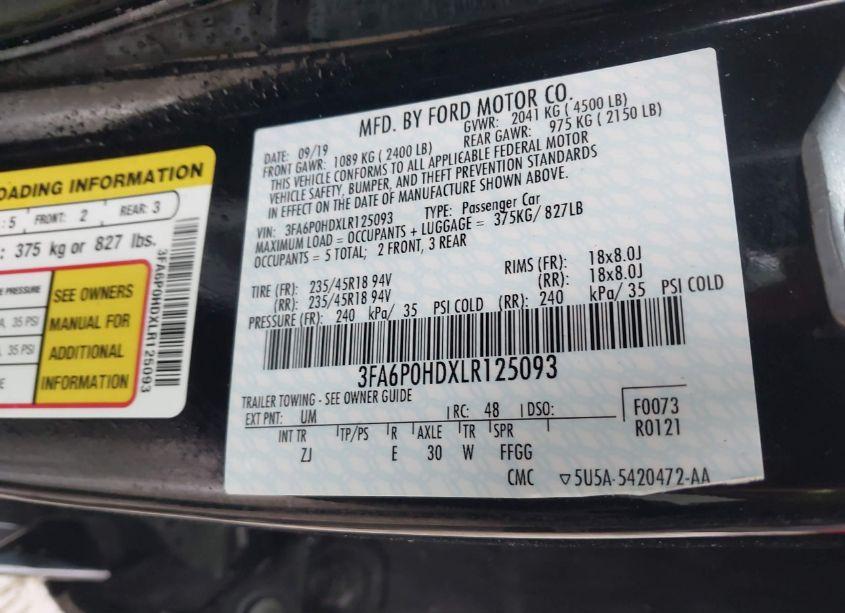 Photo 9 of 2020 Ford Fusion SE (VIN 3FA6P0HDXLR125093)