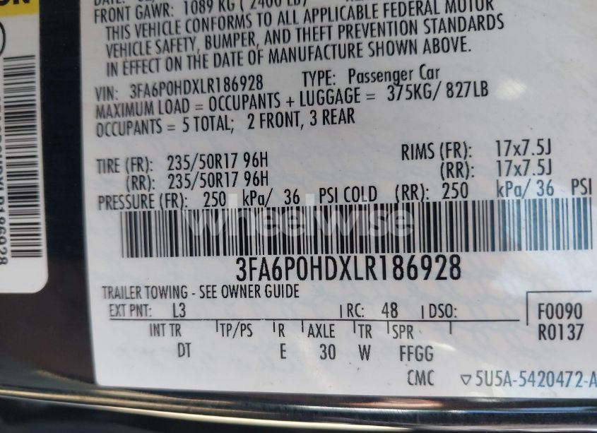 Photo 9 of 2020 Ford Fusion SE (VIN 3FA6P0HDXLR186928)