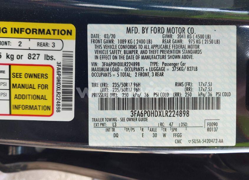 Photo 9 of 2020 Ford Fusion SE (VIN 3FA6P0HDXLR224898)