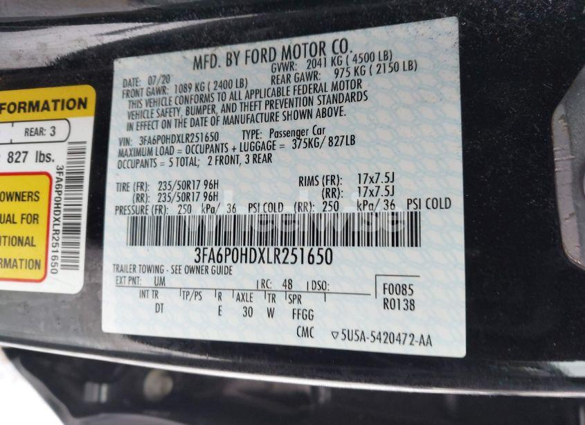 Photo 9 of 2020 Ford Fusion SE (VIN 3FA6P0HDXLR251650)
