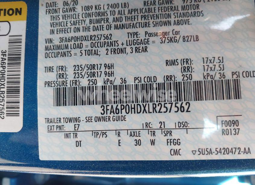 Photo 8 of 2020 Ford Fusion SE (VIN 3FA6P0HDXLR257562)