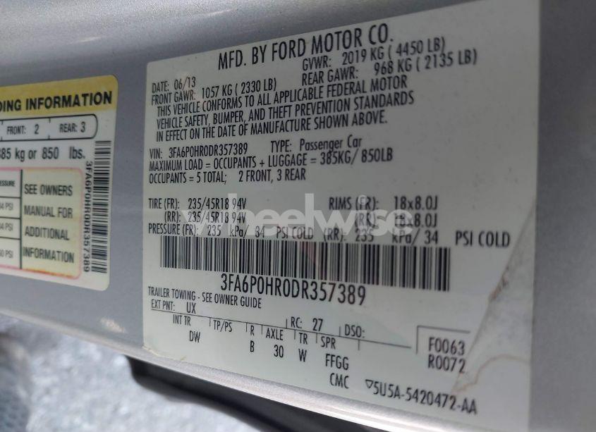 Photo 9 of 2013 Ford Fusion SE (VIN 3FA6P0HR0DR357389)