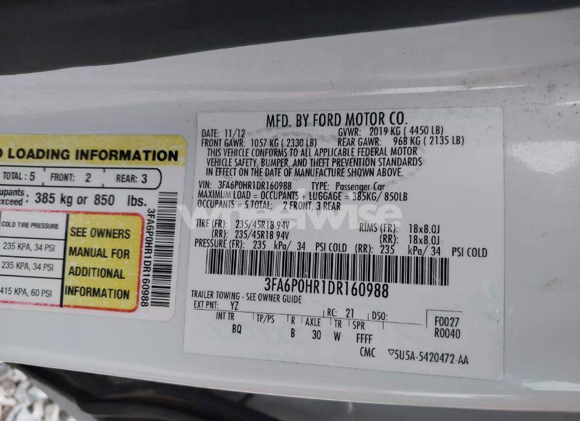 Photo 9 of 2013 Ford Fusion SE (VIN 3FA6P0HR1DR160988)