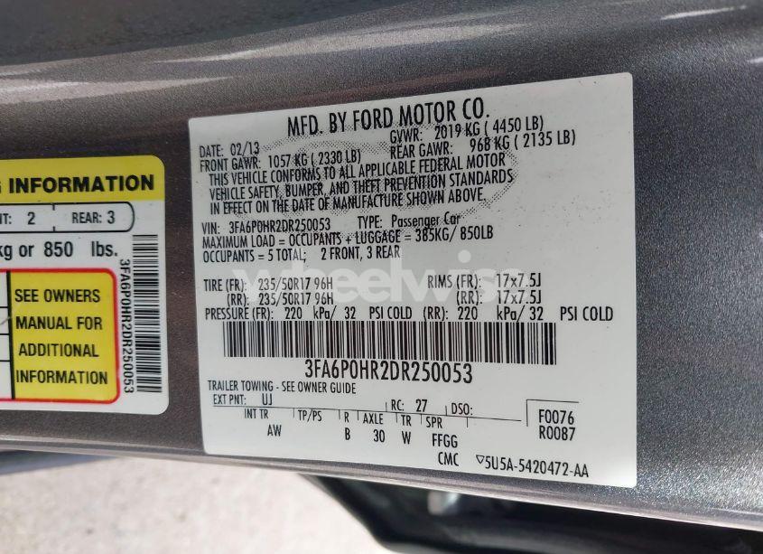 Photo 9 of 2013 Ford Fusion SE (VIN 3FA6P0HR2DR250053)