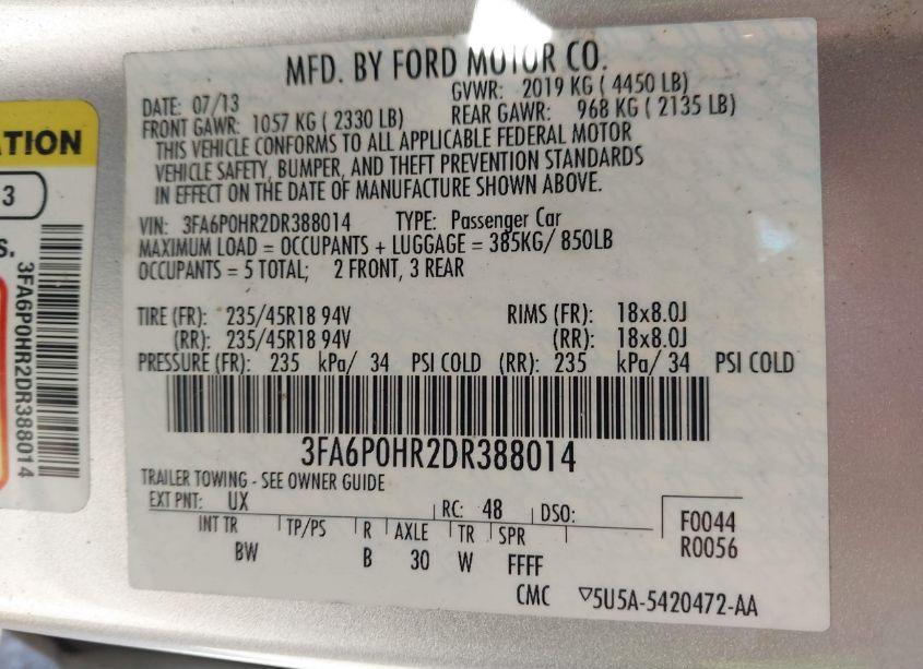 Photo 9 of 2013 Ford Fusion SE (VIN 3FA6P0HR2DR388014)