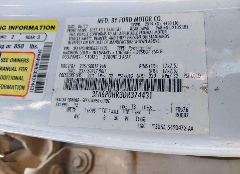 Photo 9 of 2013 Ford Fusion SE (VIN 3FA6P0HR3DR374431)