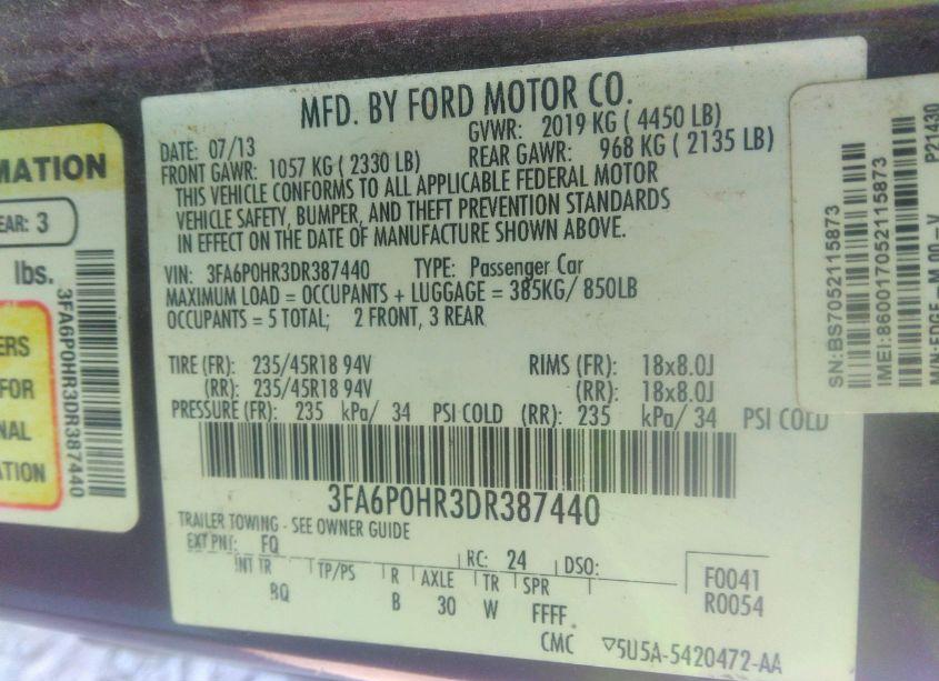 Photo 9 of 2013 Ford Fusion SE (VIN 3FA6P0HR3DR387440)