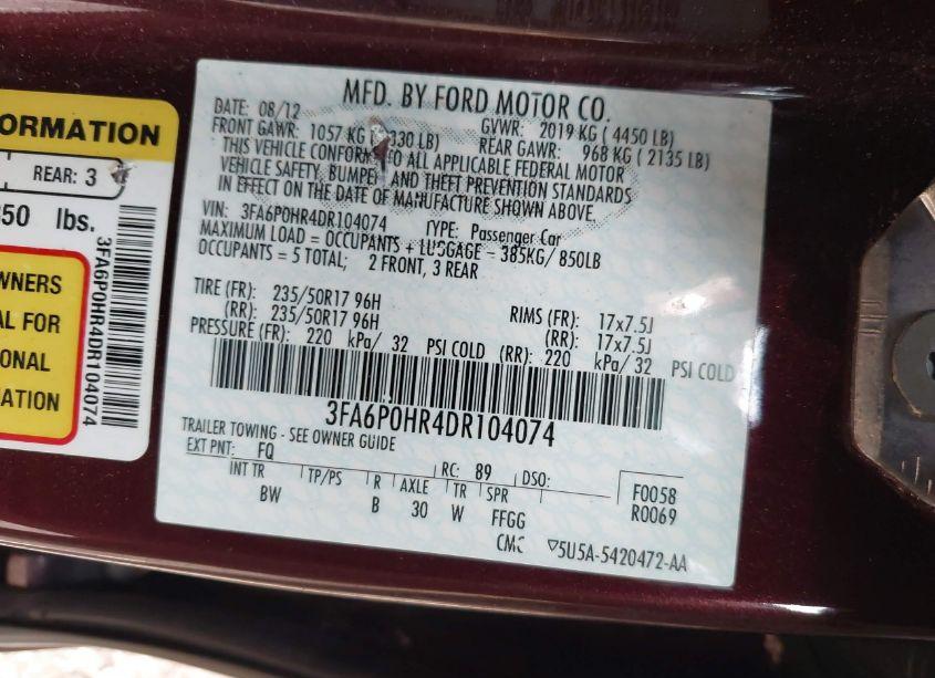 Photo 9 of 2013 Ford Fusion SE (VIN 3FA6P0HR4DR104074)