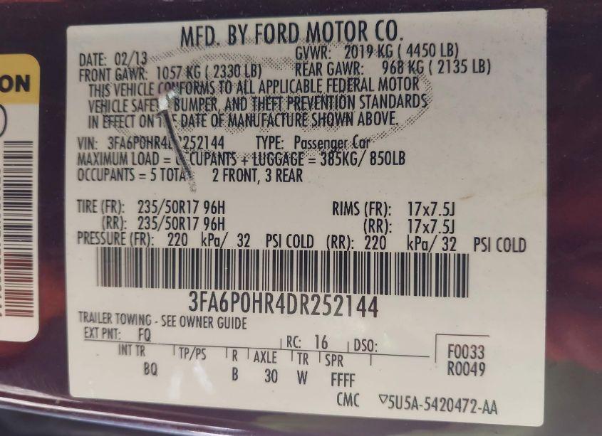 Photo 9 of 2013 Ford Fusion SE (VIN 3FA6P0HR4DR252144)