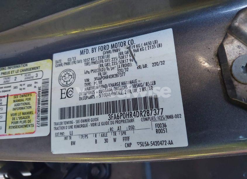 Photo 9 of 2013 Ford Fusion SE (VIN 3FA6P0HR4DR287377)