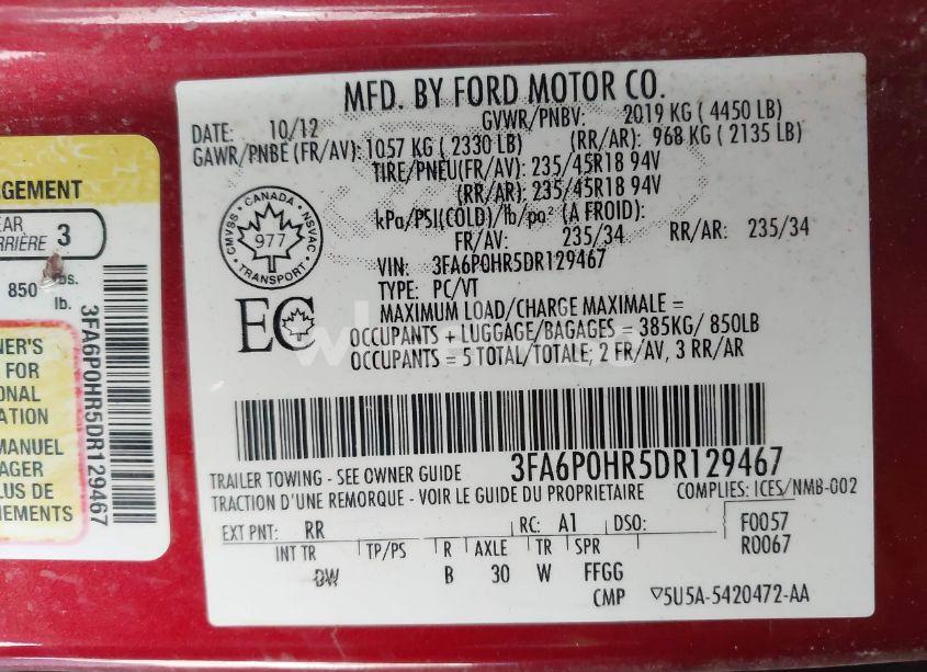 Photo 9 of 2013 Ford Fusion SE (VIN 3FA6P0HR5DR129467)