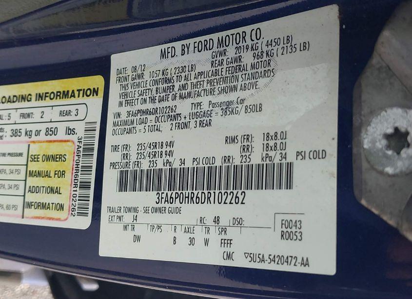 Photo 9 of 2013 Ford Fusion SE (VIN 3FA6P0HR6DR102262)