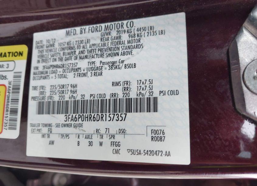 Photo 9 of 2013 Ford Fusion SE (VIN 3FA6P0HR6DR157357)