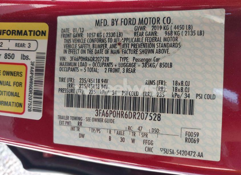 Photo 9 of 2013 Ford Fusion SE (VIN 3FA6P0HR6DR207528)