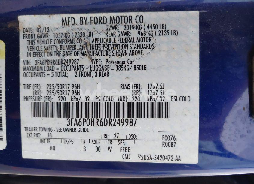 Photo 9 of 2013 Ford Fusion SE (VIN 3FA6P0HR6DR249987)