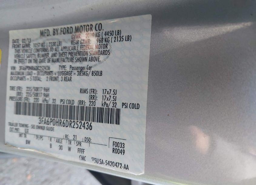 Photo 9 of 2013 Ford Fusion SE (VIN 3FA6P0HR6DR252436)