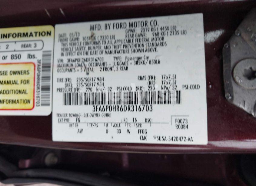 Photo 9 of 2013 Ford Fusion SE (VIN 3FA6P0HR6DR316703)