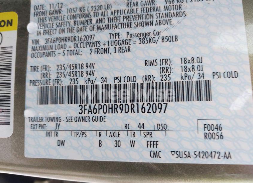 Photo 9 of 2013 Ford Fusion SE (VIN 3FA6P0HR9DR162097)