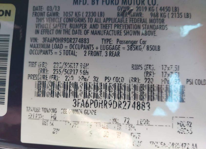 Photo 9 of 2013 Ford Fusion SE (VIN 3FA6P0HR9DR274883)