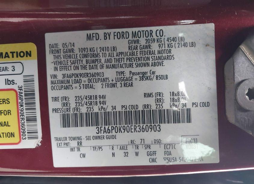 Photo 9 of 2014 Ford Fusion TITANIUM (VIN 3FA6P0K90ER360903)