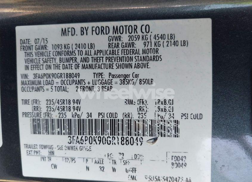 Photo 9 of 2016 Ford Fusion TITANIUM (VIN 3FA6P0K90GR188049)