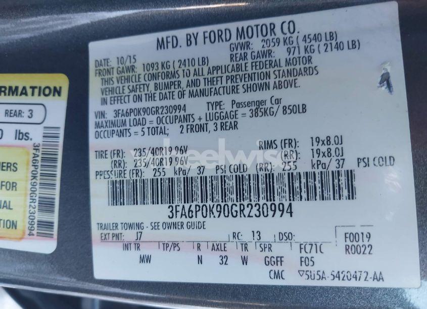 Photo 9 of 2016 Ford Fusion TITANIUM (VIN 3FA6P0K90GR230994)