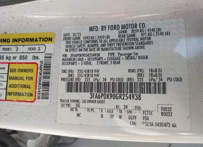 Photo 9 of 2016 Ford Fusion TITANIUM (VIN 3FA6P0K90GR254938)