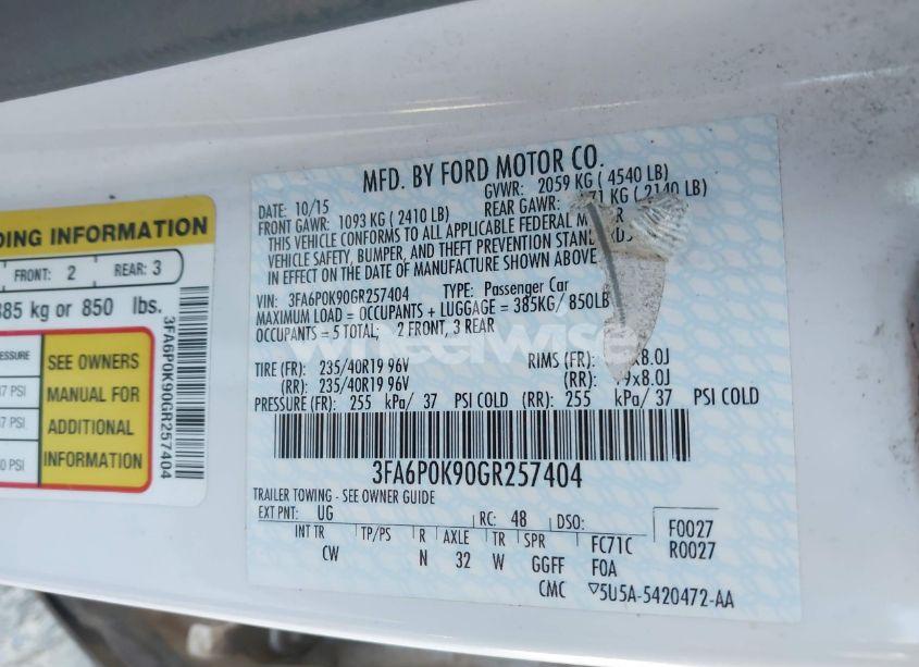 Photo 9 of 2016 Ford Fusion TITANIUM (VIN 3FA6P0K90GR257404)