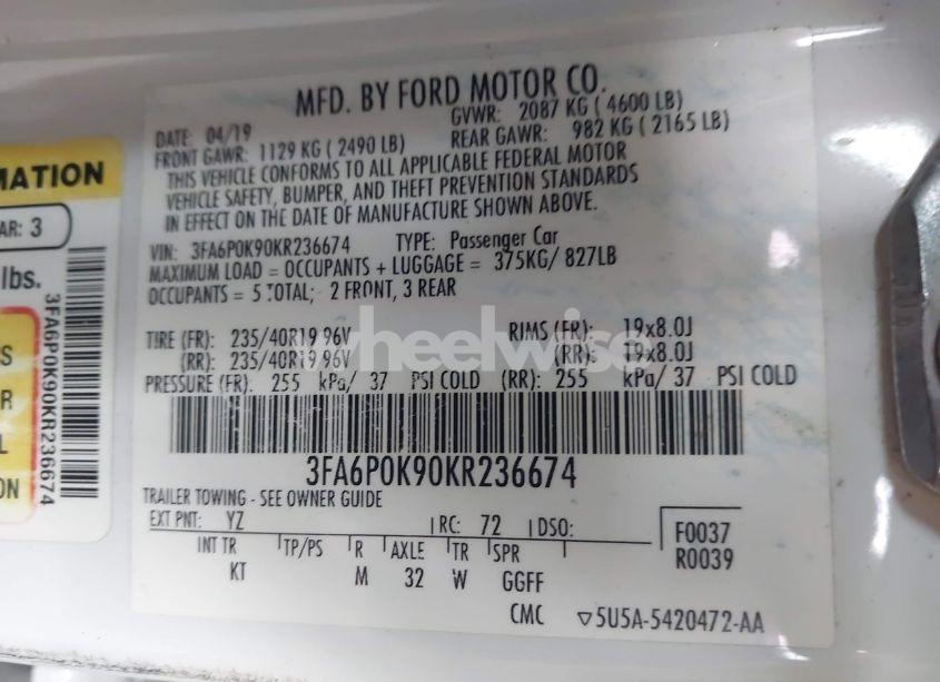 Photo 9 of 2019 Ford Fusion TITANIUM (VIN 3FA6P0K90KR236674)