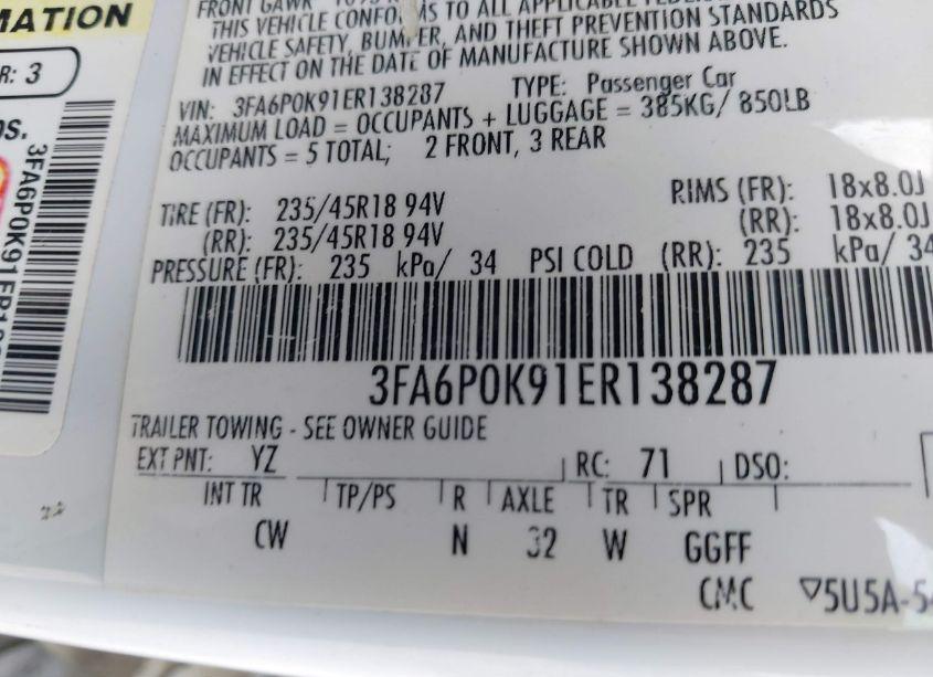 Photo 9 of 2014 Ford Fusion TITANIUM (VIN 3FA6P0K91ER138287)