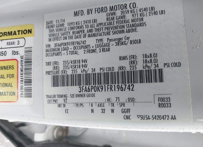 Photo 9 of 2015 Ford Fusion TITANIUM (VIN 3FA6P0K91FR196742)