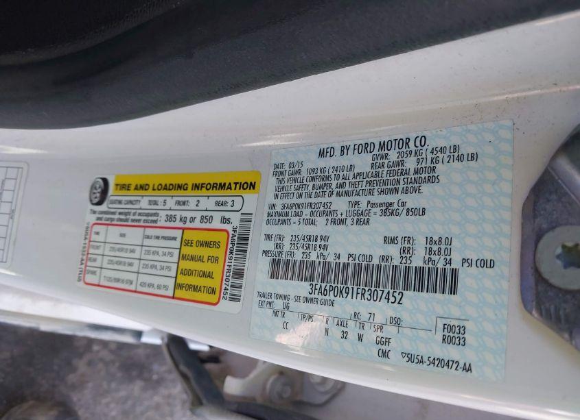 Photo 9 of 2015 Ford Fusion TITANIUM (VIN 3FA6P0K91FR307452)