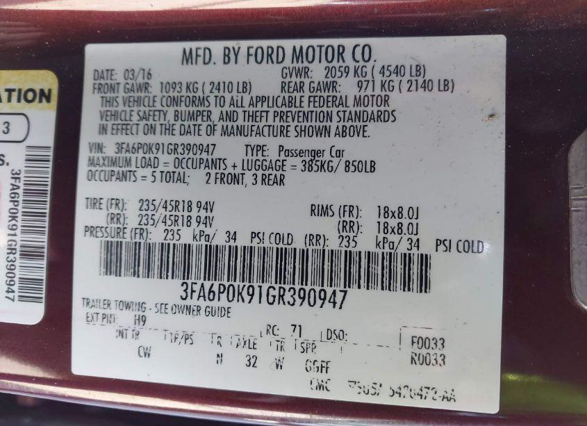 Photo 9 of 2016 Ford Fusion TITANIUM (VIN 3FA6P0K91GR390947)