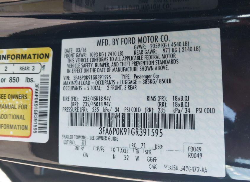 Photo 9 of 2016 Ford Fusion TITANIUM (VIN 3FA6P0K91GR391595)