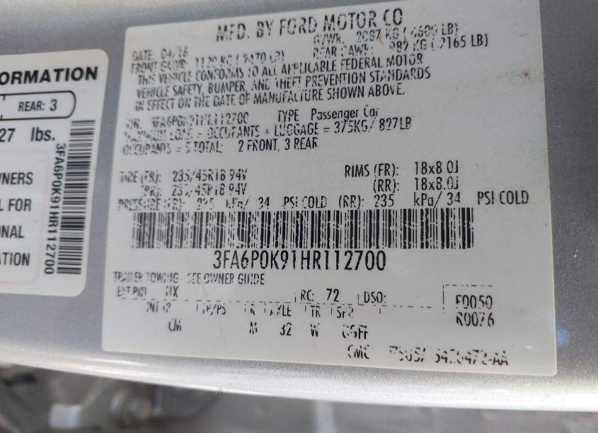 Photo 9 of 2017 Ford Fusion TITANIUM (VIN 3FA6P0K91HR112700)