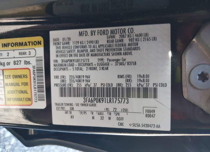 Photo 9 of 2020 Ford Fusion TITANIUM (VIN 3FA6P0K91LR175773)