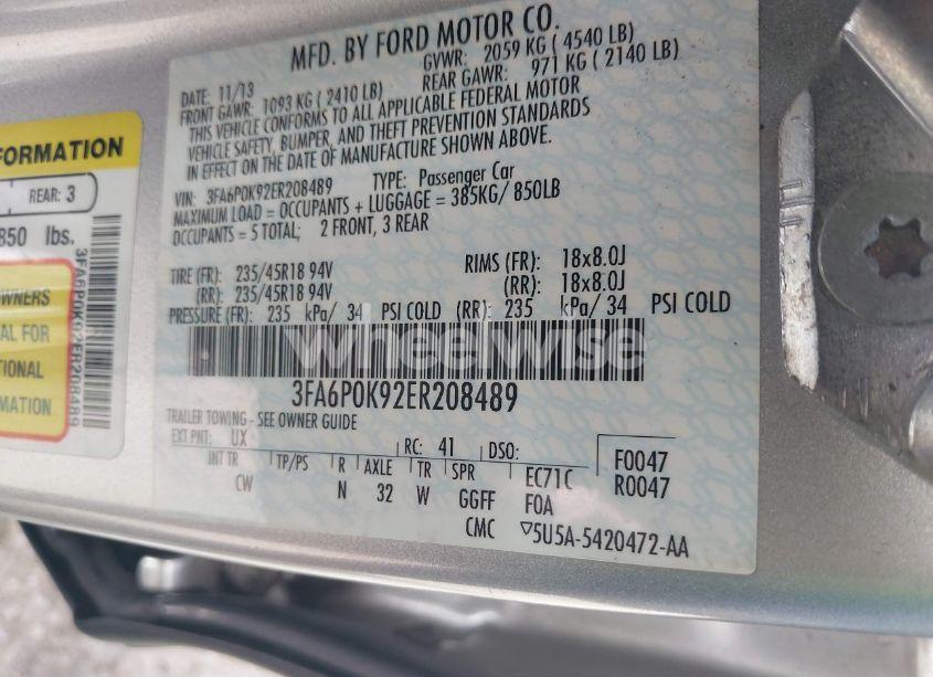 Photo 9 of 2014 Ford Fusion TITANIUM (VIN 3FA6P0K92ER208489)