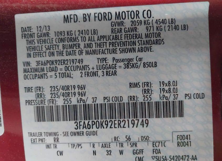 Photo 9 of 2014 Ford Fusion TITANIUM (VIN 3FA6P0K92ER219749)